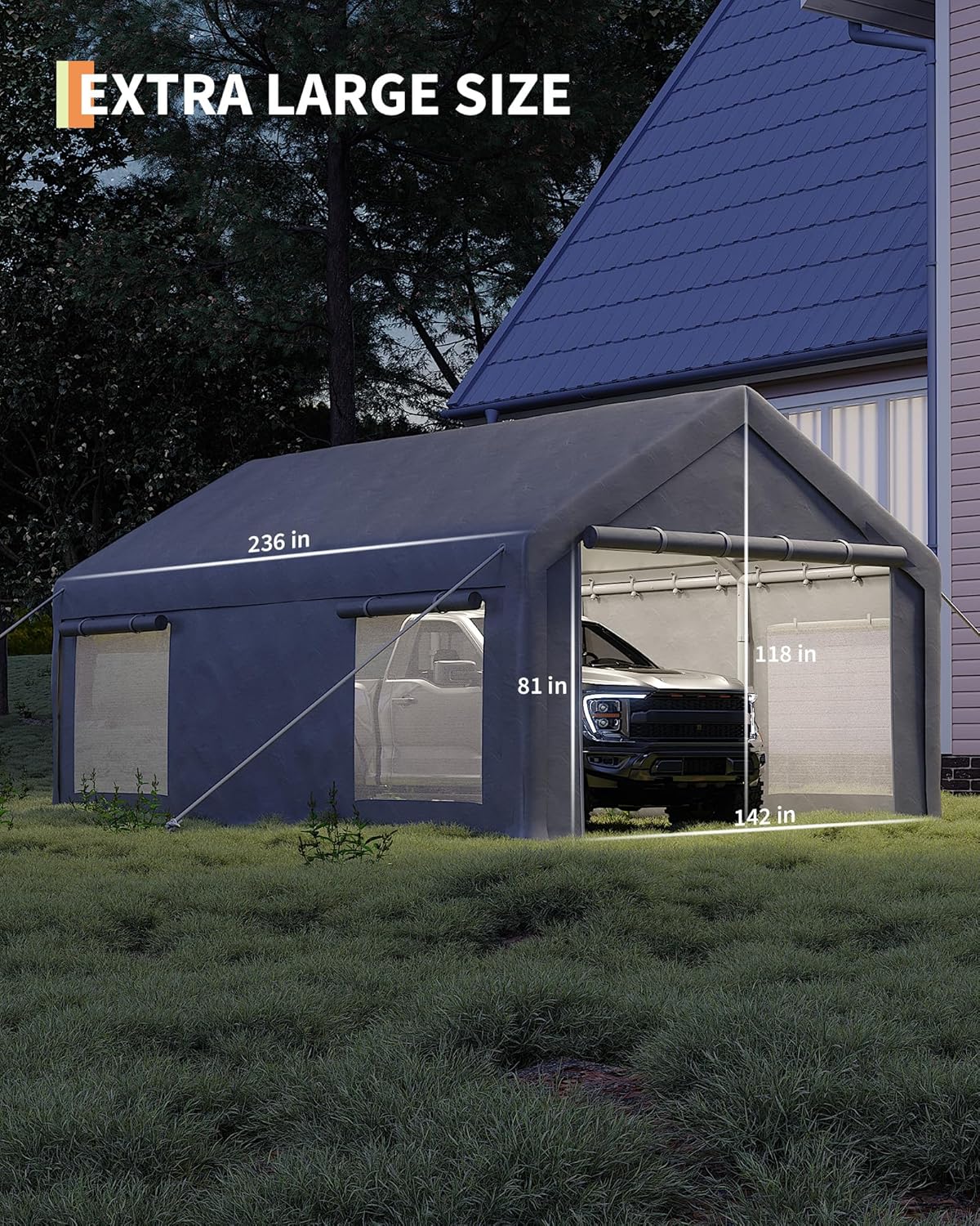 12x20 Ft Carport, Car Port with 200g PE Tarp, Roll-Up Doors, and 4 Windows, for Full-Size Pickups, Bass Boats, Tractors, and SUVs, Gray