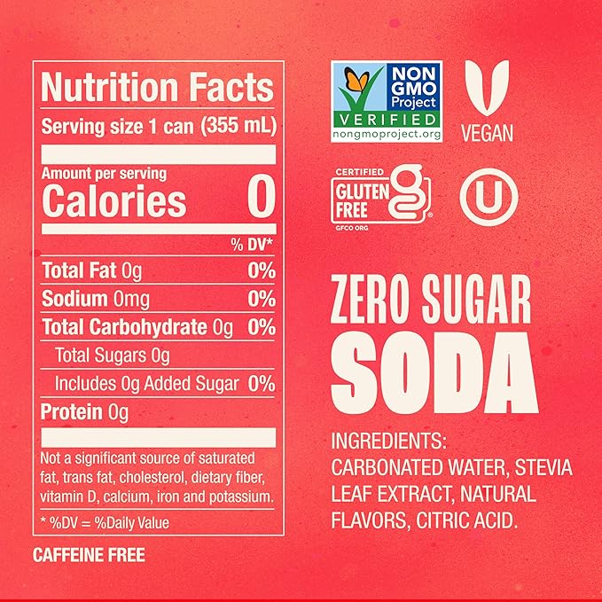 Zevia Zero Sugar Soda, Strawberry Lemon Burst, 12 oz Cans (24-Pack) – Naturally Sweetened, Zero Calorie Sugar Free Soda - Non-GMO Project Verified, Gluten-Free, Vegan