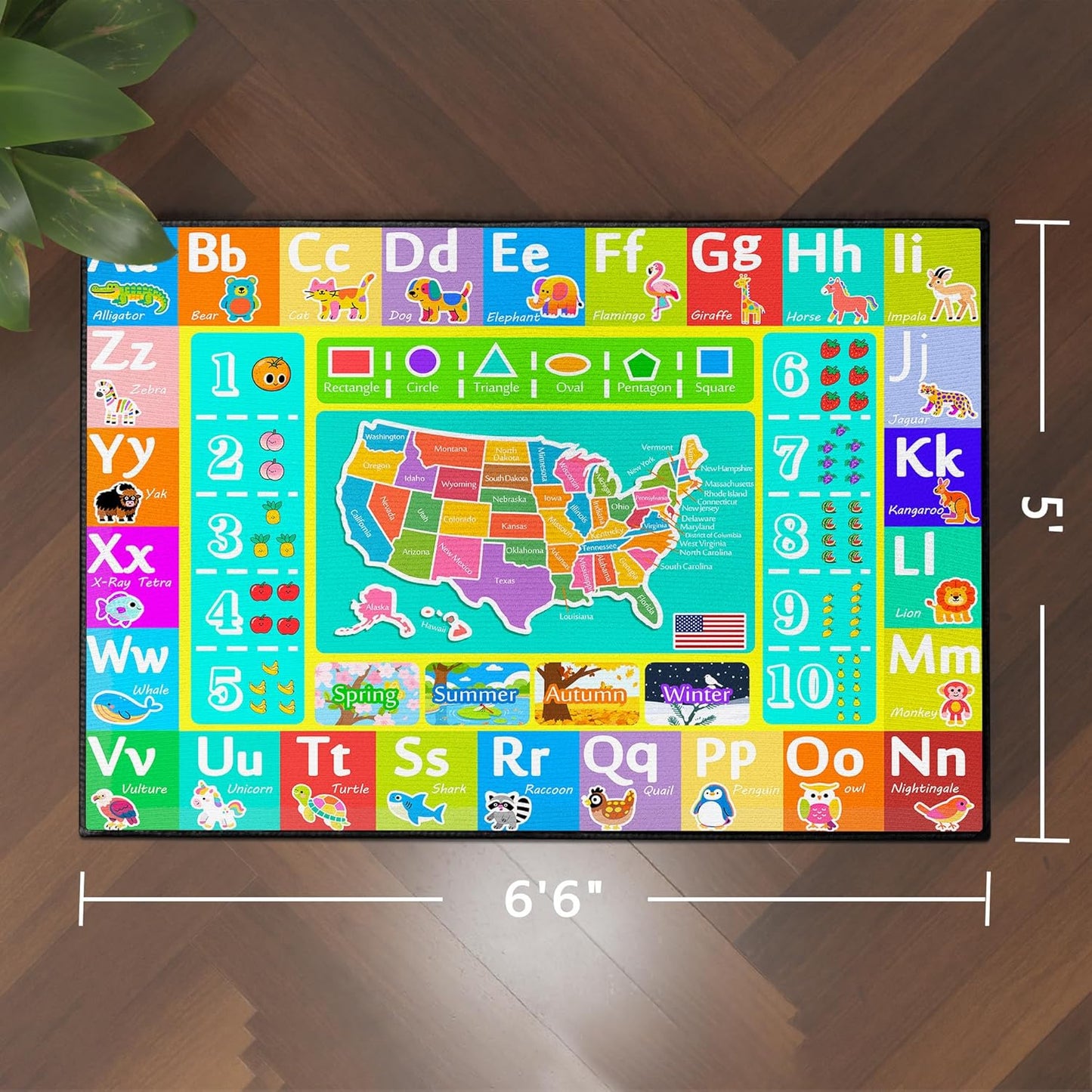 ABC Rug for Kids Playroom, 5'x 6'6" Washable Classroom Area Rugs, Educational Learning Mat with Alphabet Numbers Animals Seasons Shapes for Classroom Preschool Playroom