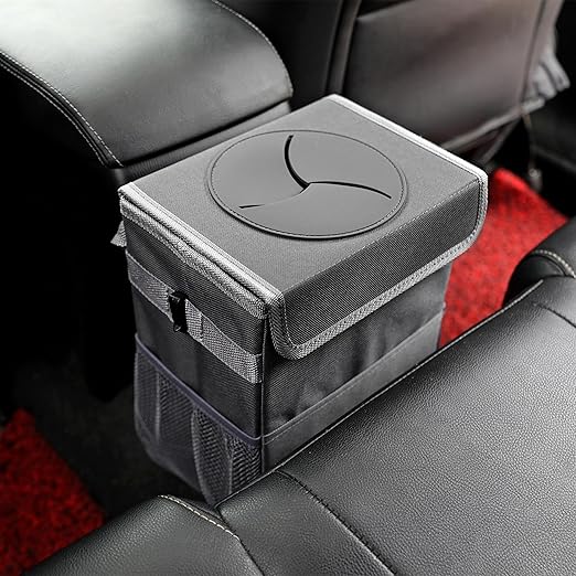 Car Garbage can with lid Leak Proof Vehicle Trash Can 3 Storage Pockets Hanging Waterproof car Trash Bag for SUV Grey