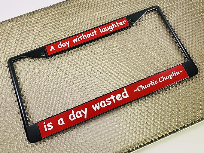 Custom Personalized Black Powder-Coated Metal Laser Engraved Standard Size - Car/Automobile License Plate Frame with Free caps - Red/White Text (Qty: 1 Frame)