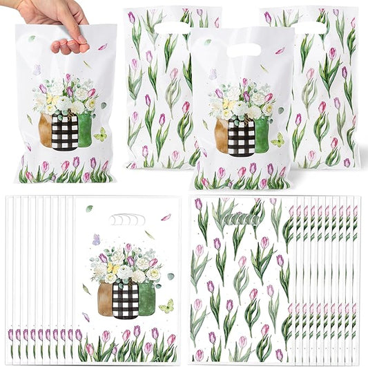 Tulip Party Favor Bags - 50Pcs Spring Tulip Eucalyptus Leaves Camellia Goody Candy Treat Gifts Bags, Spring Floral Theme Party Decorations for Girls Women Birthday Wedding Bridal Shower Supplies