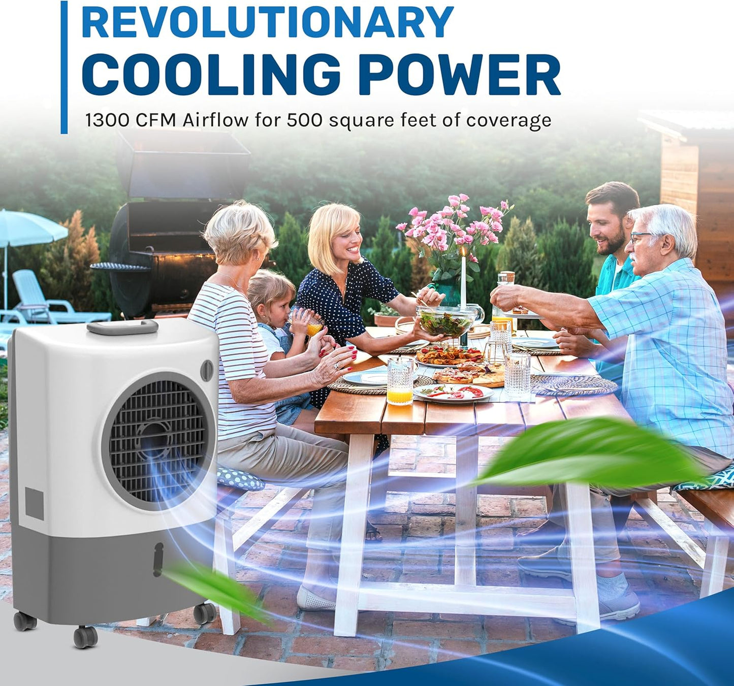 Portable Swamp Coolers - 1300 CFM MC18M Evaporative Air Cooler with 2-Speed Fan, 53.4 dB - 500 sq. ft. Coverage Evaporative Air Cooler Portable High Velocity Outdoor Cooling Fan by Hessaire - White