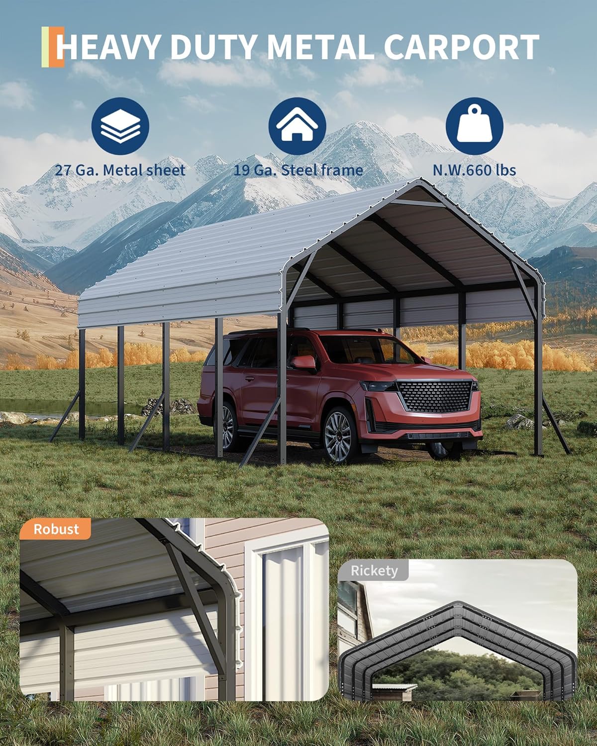 13'x21'x11' Oversized Metal Carport, Heavy Duty Metal Car Port for All-Weather, Steel Shed for Bass Boats, Pickup Trucks, and Tractors, N.W. 660 Lbs