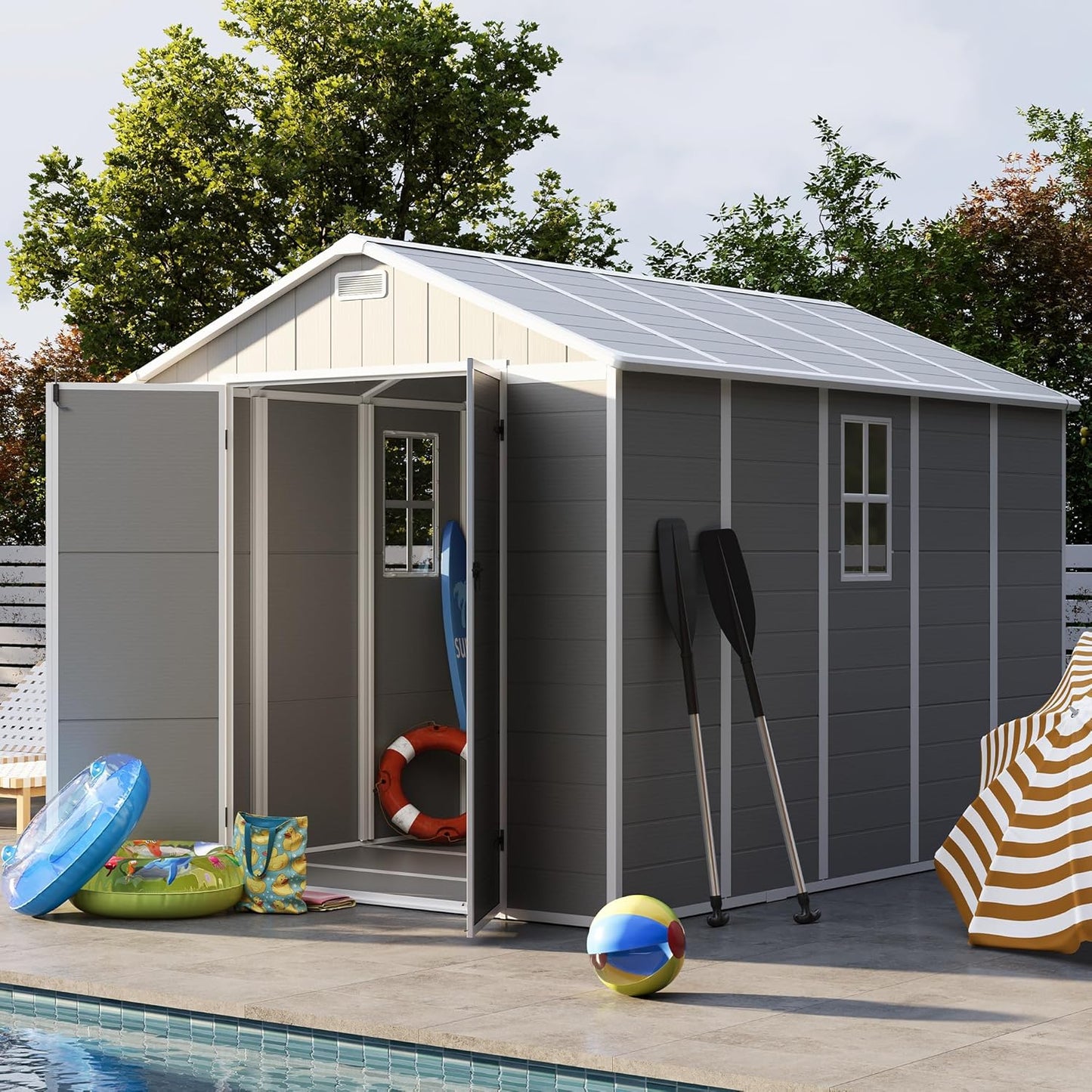 UDPATIO Storage Shed 8 x 10 FT, Resin Outdoor Garden Sheds with Floor Plastic Patio Outdoor Storage with Lockable Door for Tool, Bike, Garbage Gray White