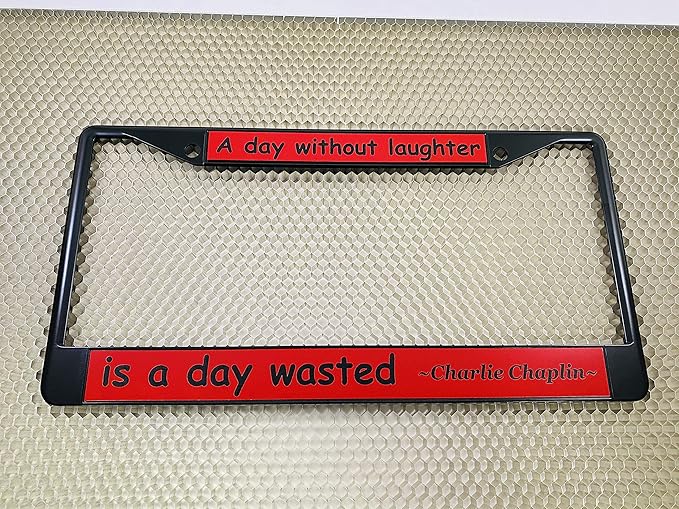Custom Personalized Black Powder-Coated Metal Laser Engraved Standard Size - Car/Automobile License Plate Frame with Free caps - Red/Black Text (Qty: 1 Frame)
