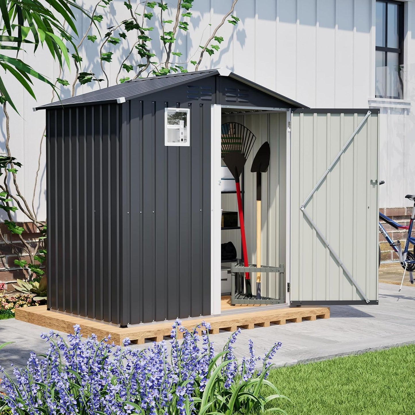 Outdoor Storage Shed, 6 X 4ft Metal Galvanized Steel Garden Shed with Floor Frame, Utility Tool Shed Storage House with Window for Backyard, Patio, Lawn