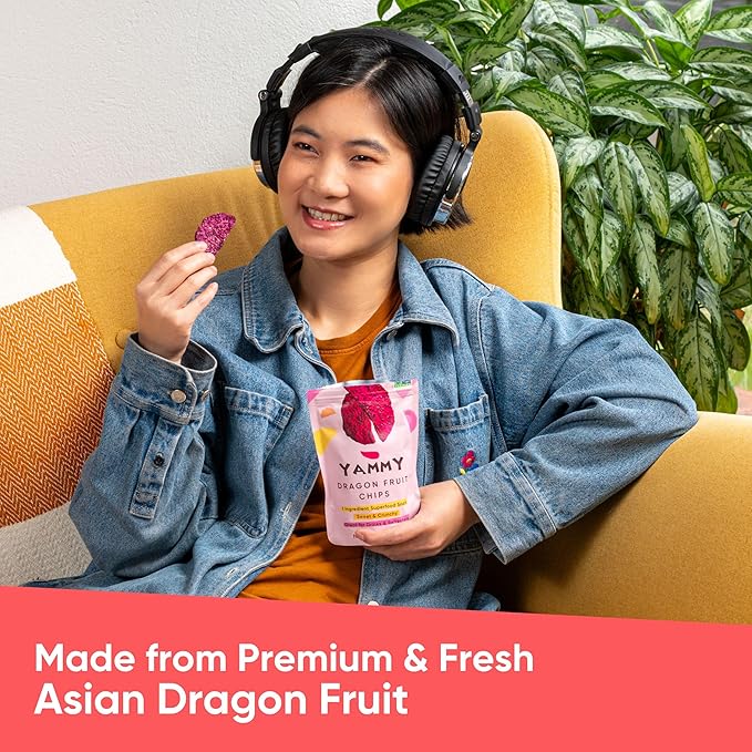 Yammy Dried Dragon Fruit Chips for Drinks Refreshers, Healthy 1 Ingredient Superfood Snack, Crunchy Like Freeze Dried Dragonfruit Chunks, Dehydrated Red Pitaya Pieces, Gluten Free Vegan (5.6oz Pack of 4)