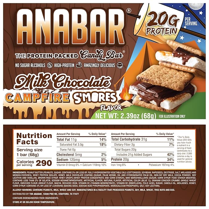 Anabar Protein Bar, The Protein-Packed Candy Bar, Amazing Tasting Protein Bar, No Sugar Alcohols, High Protein, Amazingly Delicious, 20 Grams of Protein (12 Bars, Milk Chocolate Campfire S'mores)