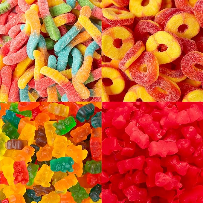 5 lb Bulk Gummy Candy Box – Includes Gummi Bears, Cinnamon Bears, Sour Gummy Worms, and Gummi Peach Rings – Fun Variety Mix for Candy Buffets, Parties, Snacking & Gifting
