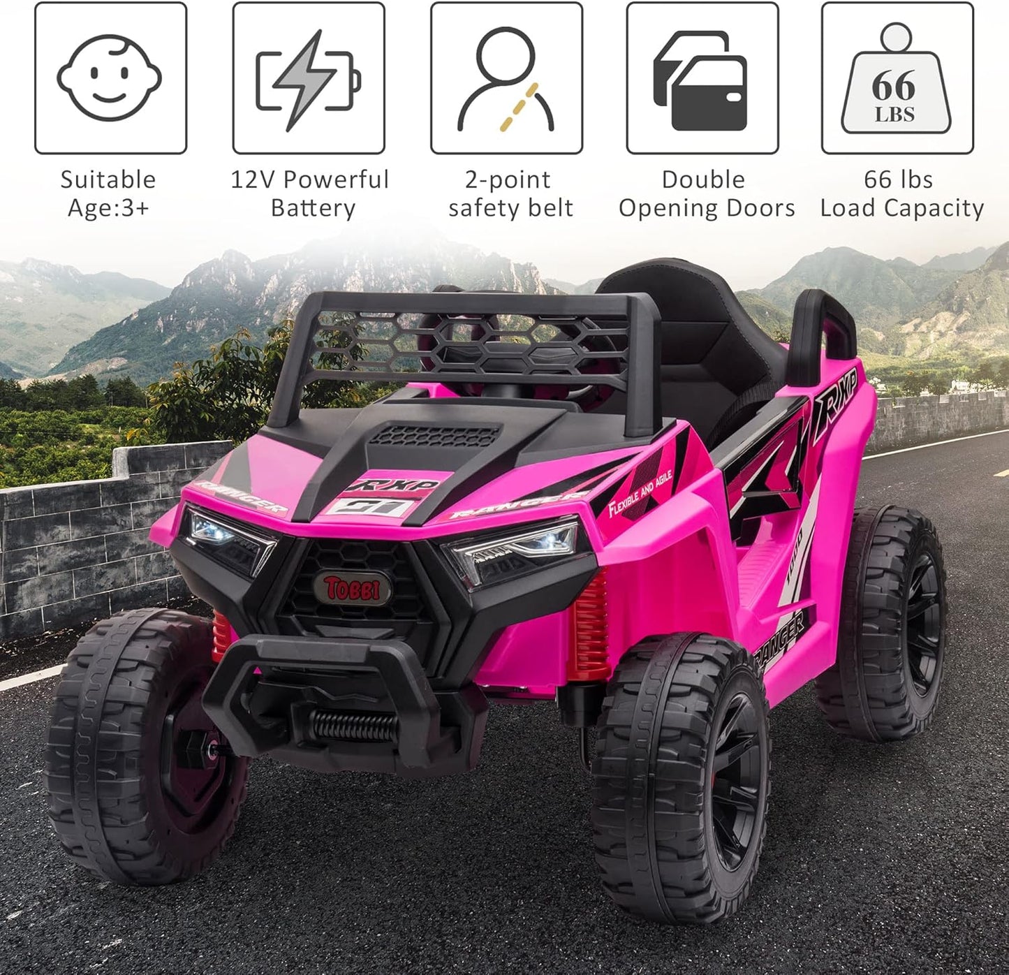 TOBBI 12V Kids Ride on Car, Electric Off-Road UTV Truck with Diverse Functions, Double Open Doors, Safety Belt, Horn, Music, and Lights for Kids Aged 3-5 Years (Rose Red)