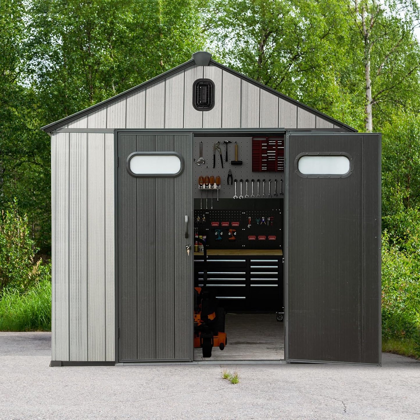 Domi 8x12 FT Outdoor Resin Storage Shed, All-Weather Double-Wall Storage Building for Backyard, Garden, Lawn Tools, Mower, Bike & Pool Equipment, Lockable Doors, Ventilated Roof, Grey