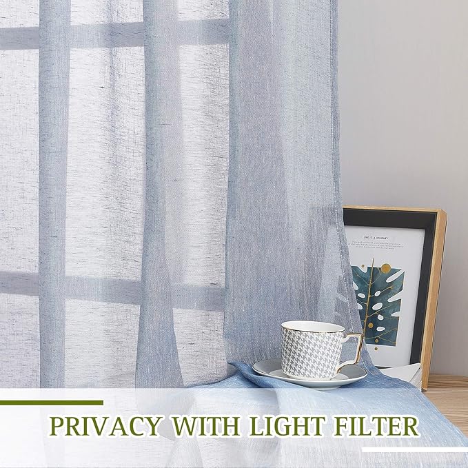 NICETOWN Semi Sheer Linen Blend Window Curtains, Grommet Solid Curtain Privacy with Light Filter Flax Texture Window Treatment Vertical Drape for Bedroom/Living Room, W52 x L72, Sea Mist, 1 Pair