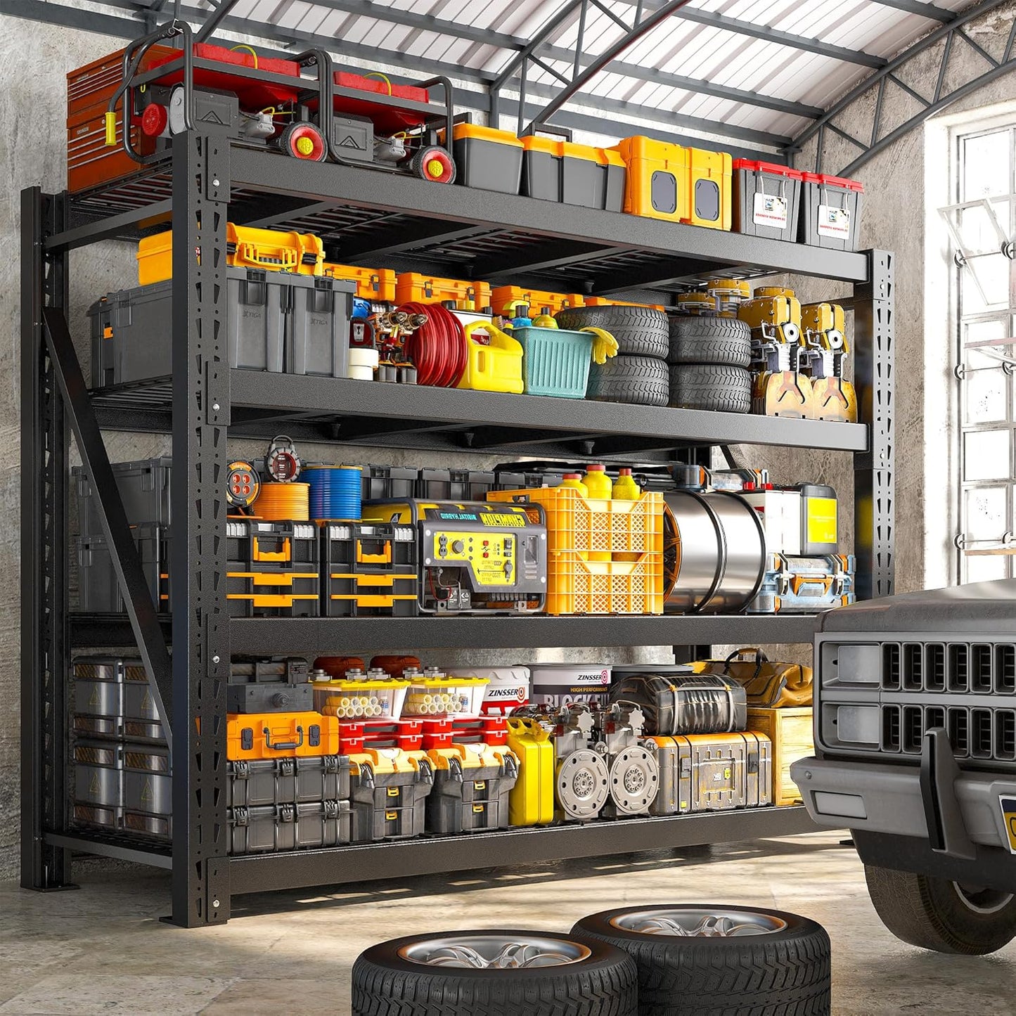 Bepatio 11000LBS Garage Shelving Heavy Duty Storage Shelves Adjustable 4-Tier Metal Shelving Uints Heavy Duty Industrial Shelves for Garage, Warehouse Basement Storage Room 24" D × 60" W × 72" H