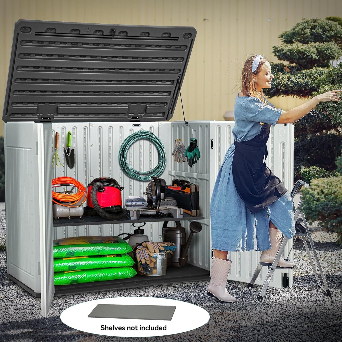 YITAHOME Extra Large Outdoor Horizontal Storage Shed, 4.5x4ft Resin Tool Sheds w/o Shelf, Easy to Assemble Waterproof Storage for Trash Cans, Garden Tools, Lawn Mower, Lockable, Light Gray