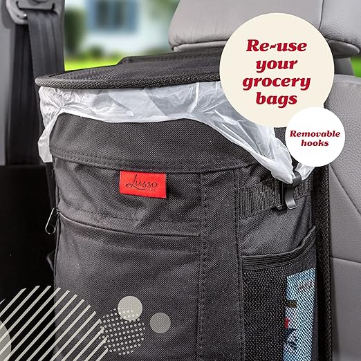 Lusso Gear Car Garbage Can - 2.5 Gal, Black Oxford - Leakproof & Waterproof Hanging Auto Trash Can with Removable Liner & Mesh Pockets - Boat Waste Container & Travel Organizer