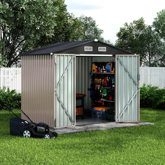 6x8x6.4 FT Outdoor Storage Sheds with Floor, Metal Garden Tool Shed for Backyard, Large Metal Sheds Outdoor Storage With Lockable Doors & Air Vents for Backyard Garden Patio Lawn
