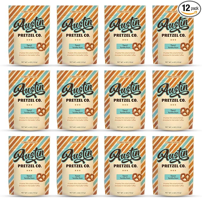 Vanilla Bean Flavor Pretzels – 4 Oz Gourmet Snack, Crunchy Bite-Sized Treats with Rich Butter Toffee Coating – Perfect for Sharing & Indulging (Pack of 12)
