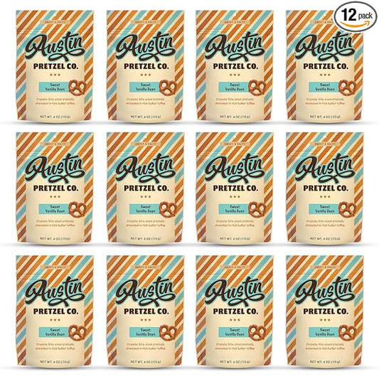 Vanilla Bean Flavor Pretzels – 4 Oz Gourmet Snack, Crunchy Bite-Sized Treats with Rich Butter Toffee Coating – Perfect for Sharing & Indulging (Pack of 12)