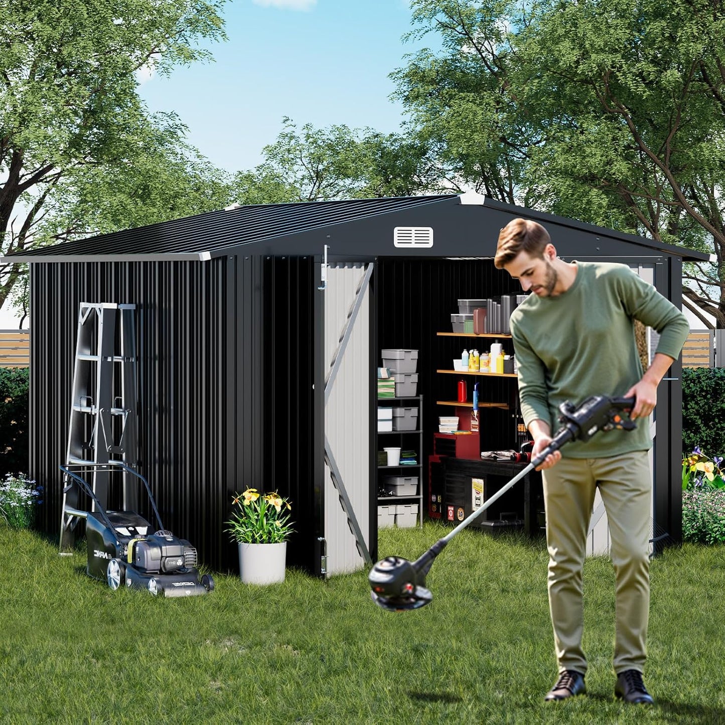 COMHOMA Shed Outdoor Storage Shed Metal,Lockable Doors Tool Sheds with Sloping Roof,Steel Garden Shed with Air Vent for Backyard,Patio,Lawn,Poolside (Grey, 10'*10')