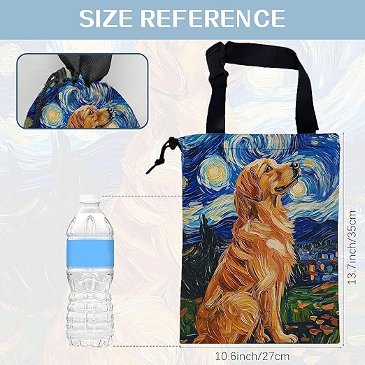 Vintage Starry Night Car Trash Bag,Watercolor Golden Retriever Hanging Drawstring Car Garbage Bag,Canvas Car Back Seat Organizer with Adjustable Buckle for Men and Women