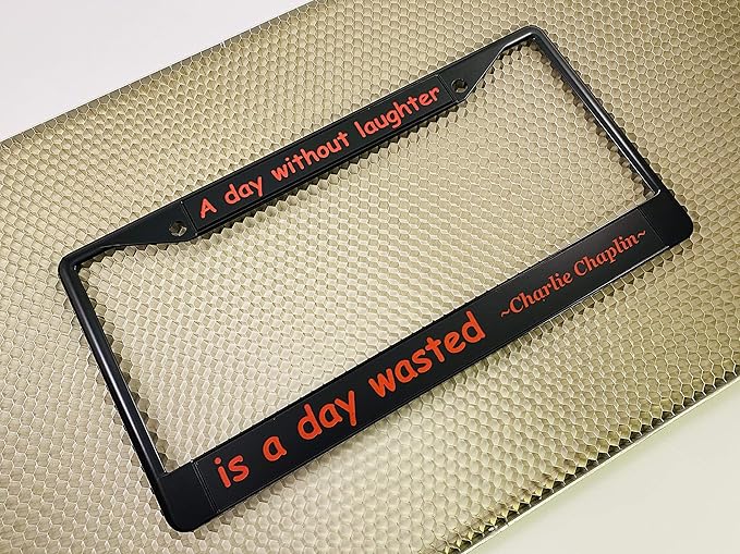 Custom Personalized Black Powder-Coated Metal Laser Engraved Standard Size - Car/Automobile License Plate Frame with Free caps - Black/Red Text (Qty: 1 Frame)