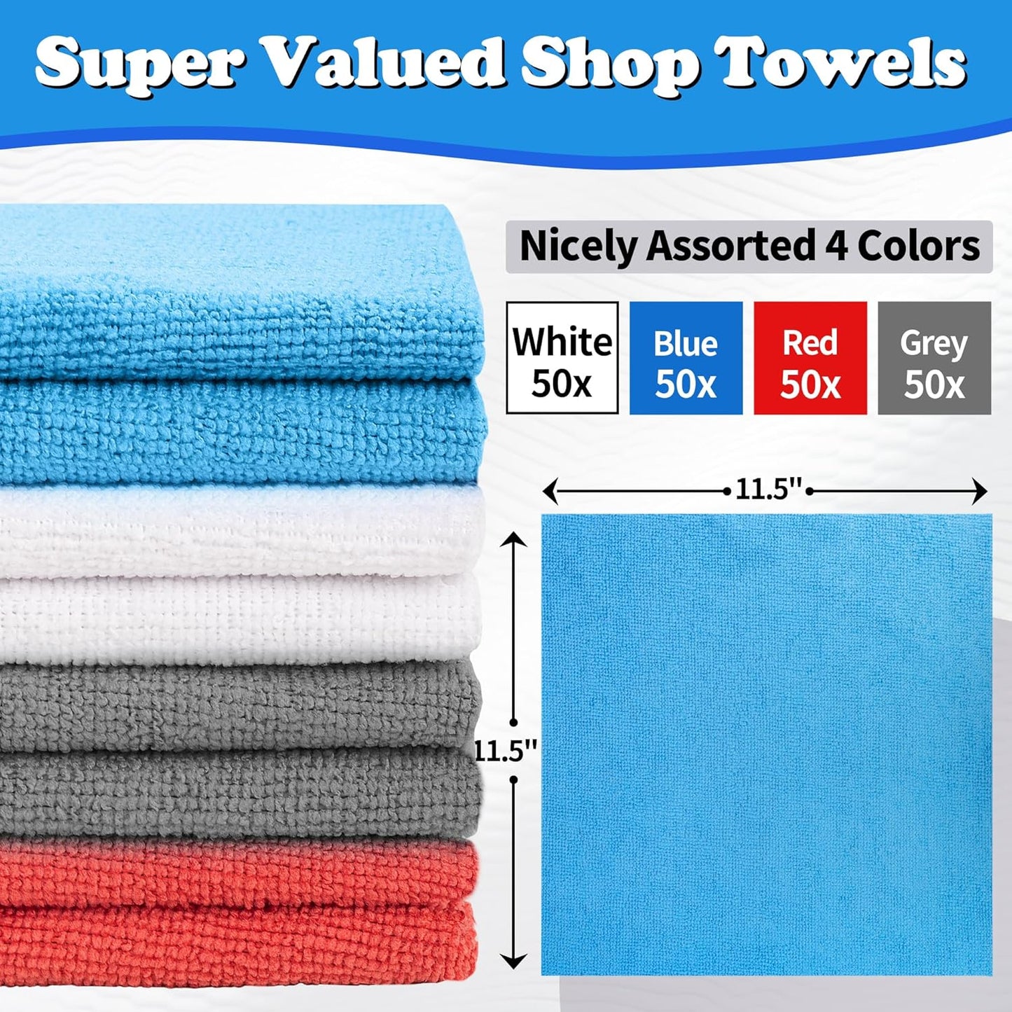 FIXSMITH Shop Towels, Microfiber Cleaning Cloth Bulk, 200 Pack Microfiber Towels for Cars, All-Purpose Absorbent Cleaning Rags, Dust Cloth for Automotive, Mechanic, Garage, Bar, 11.5 x 11.5 inch