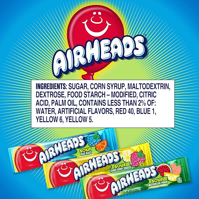 Airheads Sour Full-Sized Halloween Trick or Treat Taffy Candy Bars, Watermelon Punch, Blue Blast & Lemon Berry Squeeze, Individually Wrapped Halloween Candy for Adults & Kids, 9 Count Bag