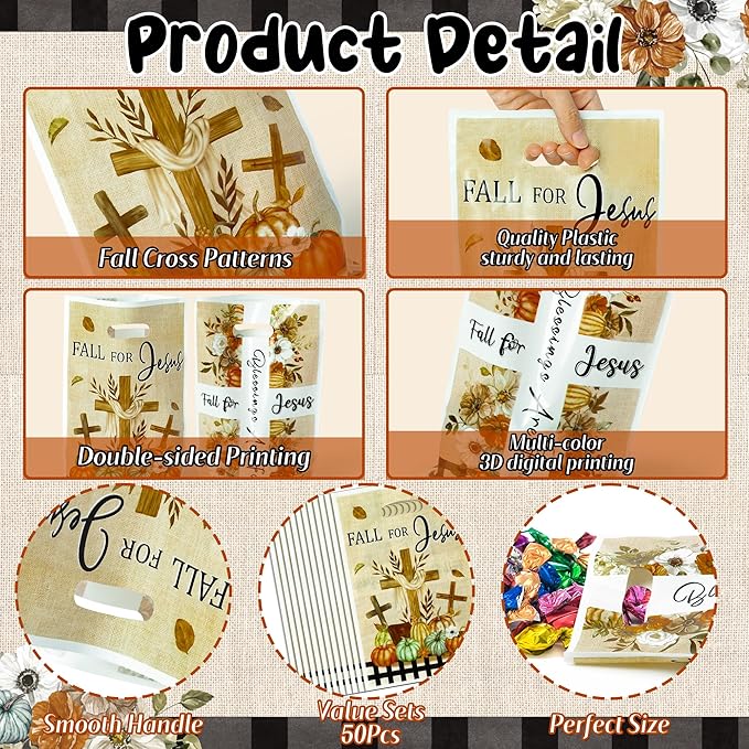 50Pcs Fall for Jesus Christian Religion Party Favor Bags, Fall Thanksgiving Party Gift Bags, Autumn Cross Pumpkin Goody Treat Bags, Fall Themed Party Decoration for Thanksgiving Harvest Party Supplies