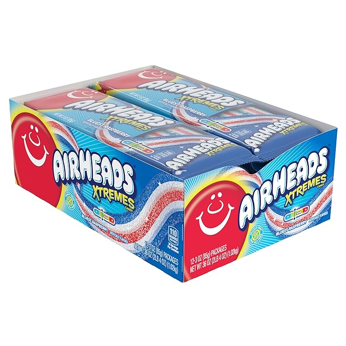 Airheads Candy, Xtremes Belts, Bluest Raspberry Flavor, Sweetly Sour, Non-Melting, Movie Theater, 3oz Packs, Box of 12 Packs