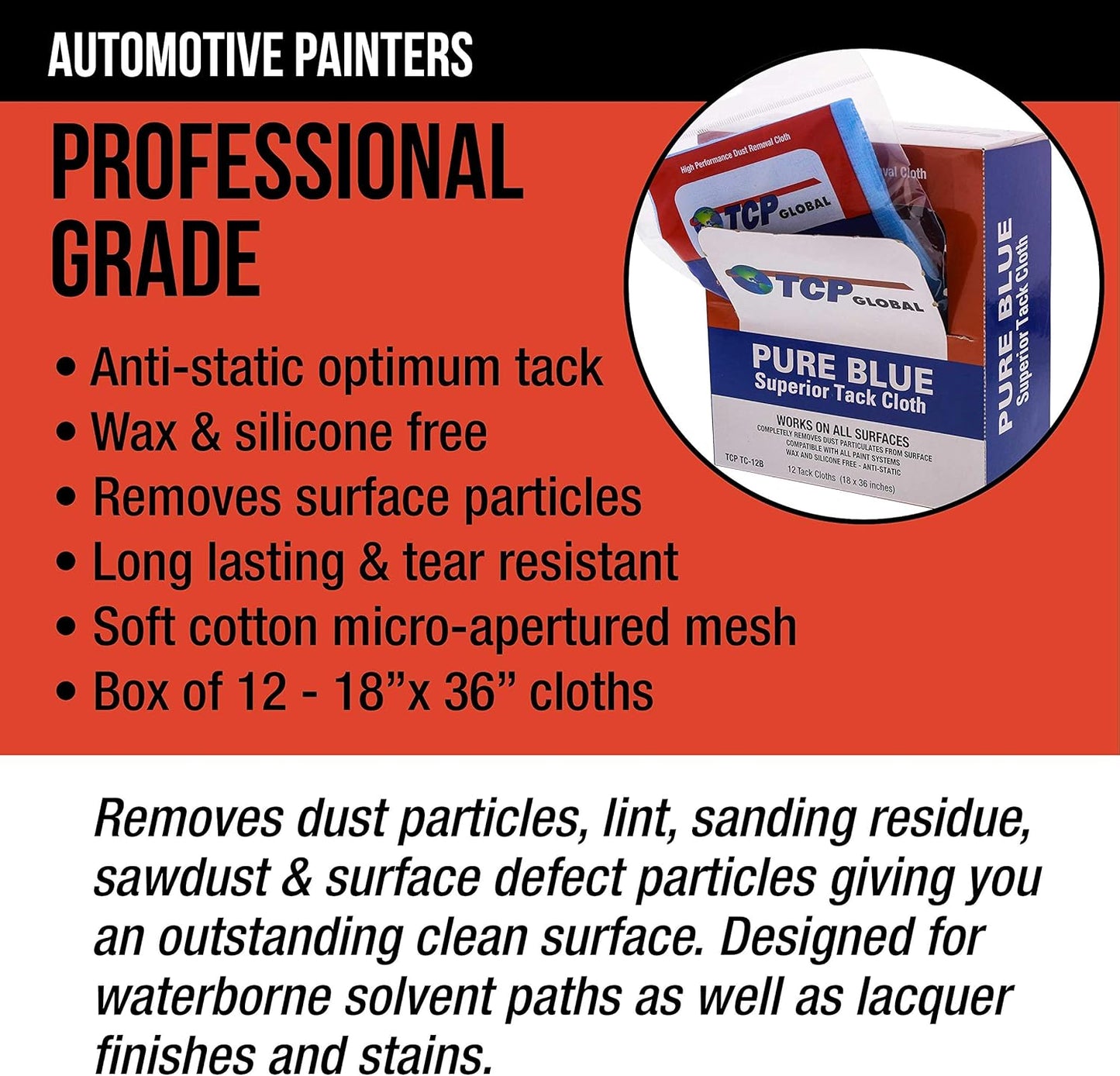 TCP Global Pure Blue Superior Tack Cloth, 12-Pack, Automotive & Woodworking, Dust/Stain/Paint Rags, Tac Cloth for Autobody