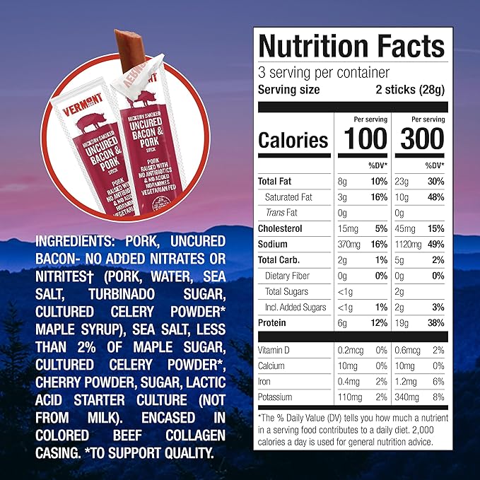 Vermont Smoke & Cure Meat Sticks - Hickory-Smoked Uncured Pork Bacon Sticks Protein Snacks, No Antibiotics or Added Hormones, Hiking Snacks - 0.5 oz, 48 ct