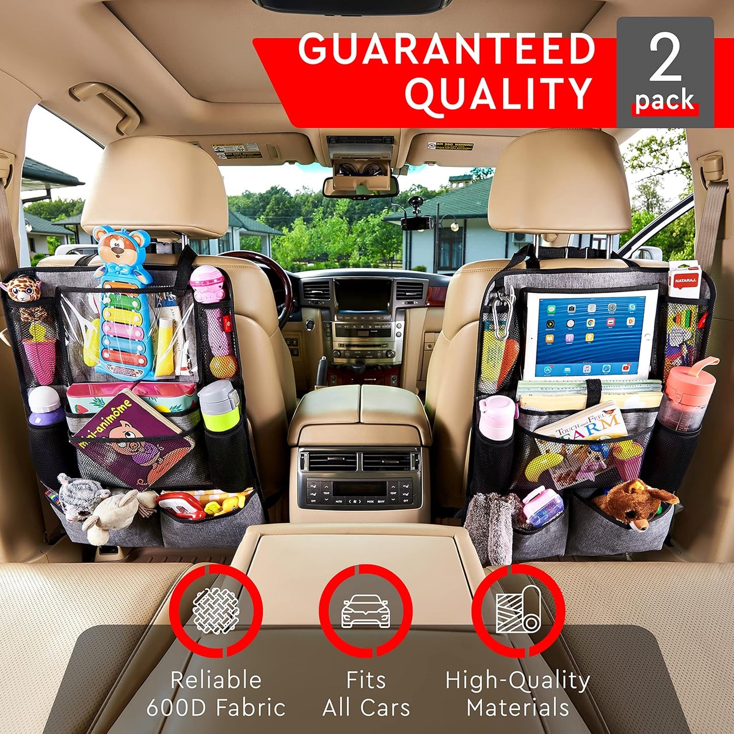 Helteko Backseat Car Organizer, Kick Mats Back Seat Protector with Touch Screen Tablet Holder, Organizer for Kids, Travel Accessories, Mat 9 Storage Pockets 2 Pack