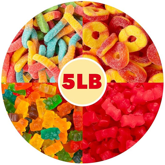 5 lb Bulk Gummy Candy Box – Includes Gummi Bears, Cinnamon Bears, Sour Gummy Worms, and Gummi Peach Rings – Fun Variety Mix for Candy Buffets, Parties, Snacking & Gifting