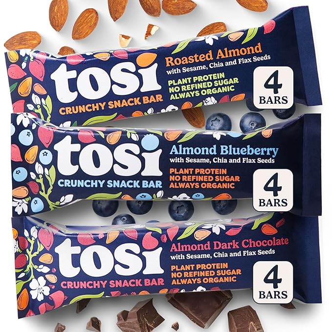 Tosi Almond Variety Pack Protein Bars, Plant Based with Nuts, Gluten-Free Crunchy Snacks, Vegan, Organic, Flax & Chia Seeds, Soy-Free, Omega 3s, 5G Protein, 1 oz, 12-Pack