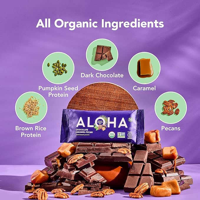 ALOHA Organic Plant Based Protein Bars | Chocolate Caramel Pecan | 12 Count, 1.98oz Bars | Vegan, Low Sugar, Gluten Free, Paleo Friendly, Low Carb, Non-GMO, Stevia Free, Soy Free, No Sugar Alcohol Sweeteners