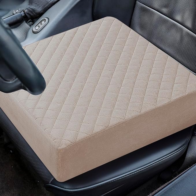 Booster Cushion for Adults - 18x18x5 Medium-Firm Seat Cushion for Home, Office, Wheelchair, Car - Washable Velvety Cover with Waterproof Layer, Removable Strap & Non-Slip Base - Beige