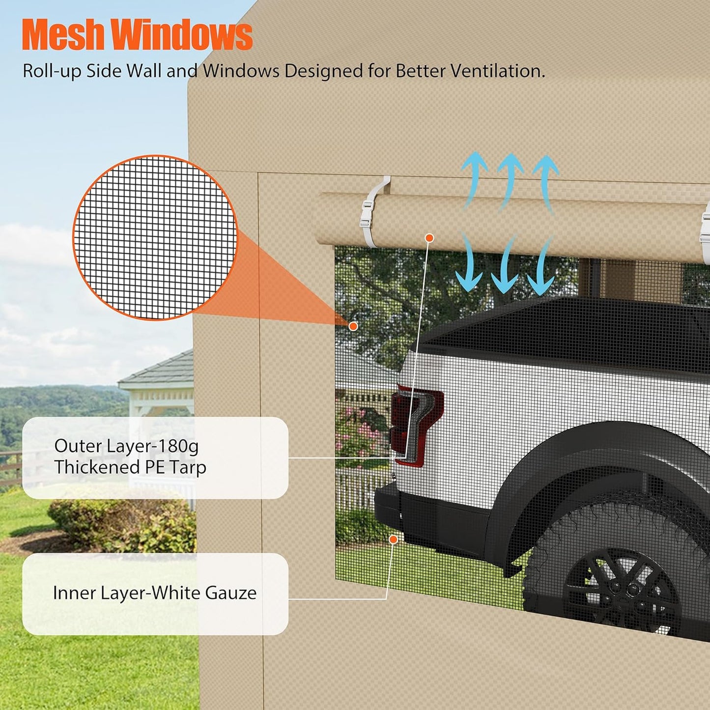 JAMFLY Carport, 10x20 ft Heavy Duty Carport with Roll-up Windows, Portable Garage with Removable Sidewalls & Doors, Car Canopy with Sandbags and All-Season Tarp for Car Boat Truck Motorcycle, Khaki