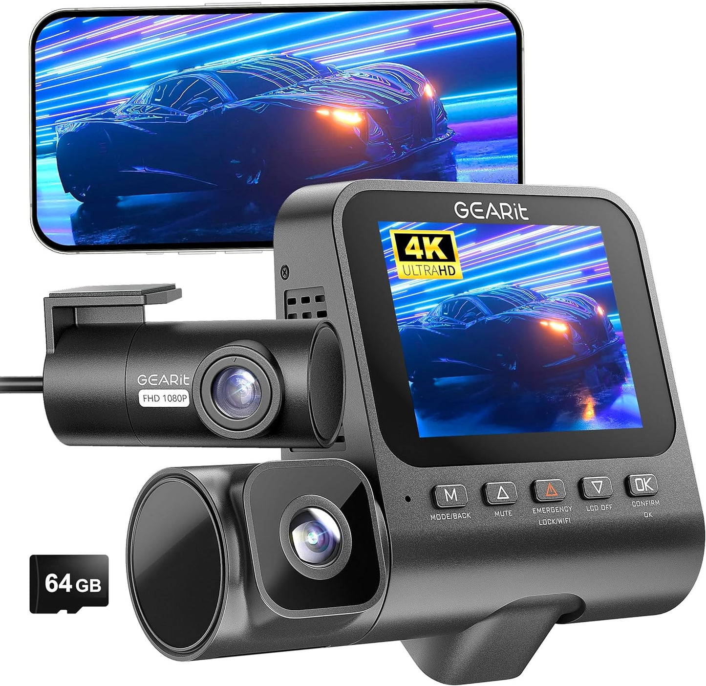 GEARit 3-Channel Dash Cam - 4K Front and Rear Dash Camera for Cars - Front, Inside, Rear Recording - 24/7 Coverage - Triple Dashcam with Night Vision and Loop Recording - Ideal Car Camera System