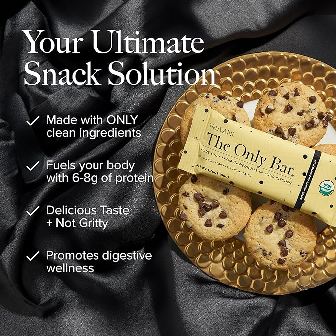 Truvani Plant Based Snack Bars | Chocolate Chip Banana Bread 12 Pack | 5g Protein | USDA Organic and Vegan | The Only Bar | Dairy, Soy, and Gluten Free | Individually Wrapped