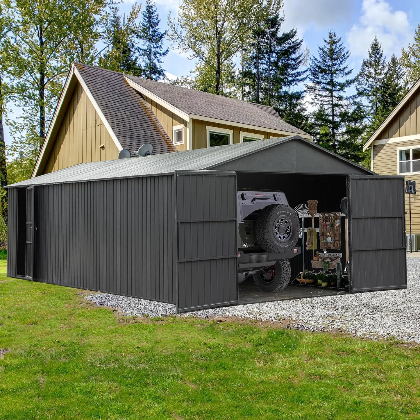 Domi 12x20FT Outdoor Garage Metal Shed, Extra Large Carport with Skylights & Dual-Entry, Backyard Storage Shed for Car, Truck, Lawn Mower and Tool, Dark Grey