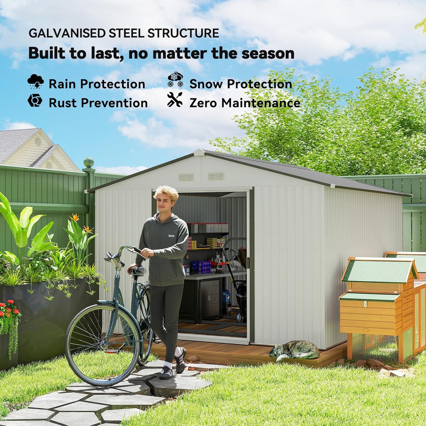 Outsunny 11' x 9' Outdoor Storage Shed, Garden Tool Metal Shed with Foundation Kit, Double Lockable Door, Air Vents and Sloping Roof, for Backyard, Patio, Lawn, Silver