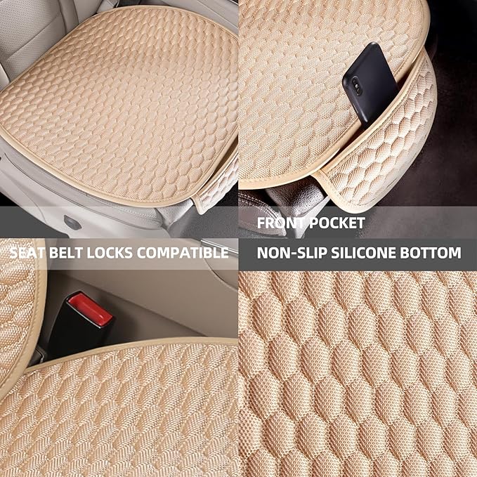 Car Seat Covers Cushion Pad,Front Seat Covers for Cars,Super Breathable,Storage Bags,Anti-Slip,Universal Automotive Seat Covers Fit for Most Sedans SUV Pick-up (Front Beige)