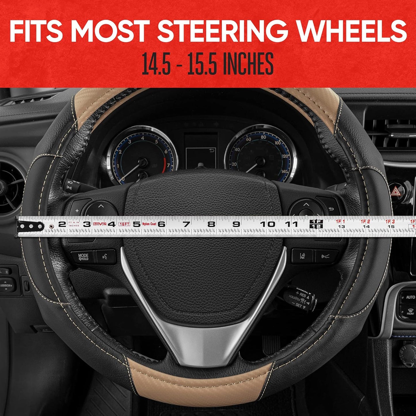 Motor Trend GripDrive Carbon Fiber Steering Wheel Cover, Non-Slip Sporty Racing Faux Leather Ergonomic Comfortable Handle, Steering Wheel Cover for Cars Trucks Vans SUV - Fits Standard 15 Inch - Beige