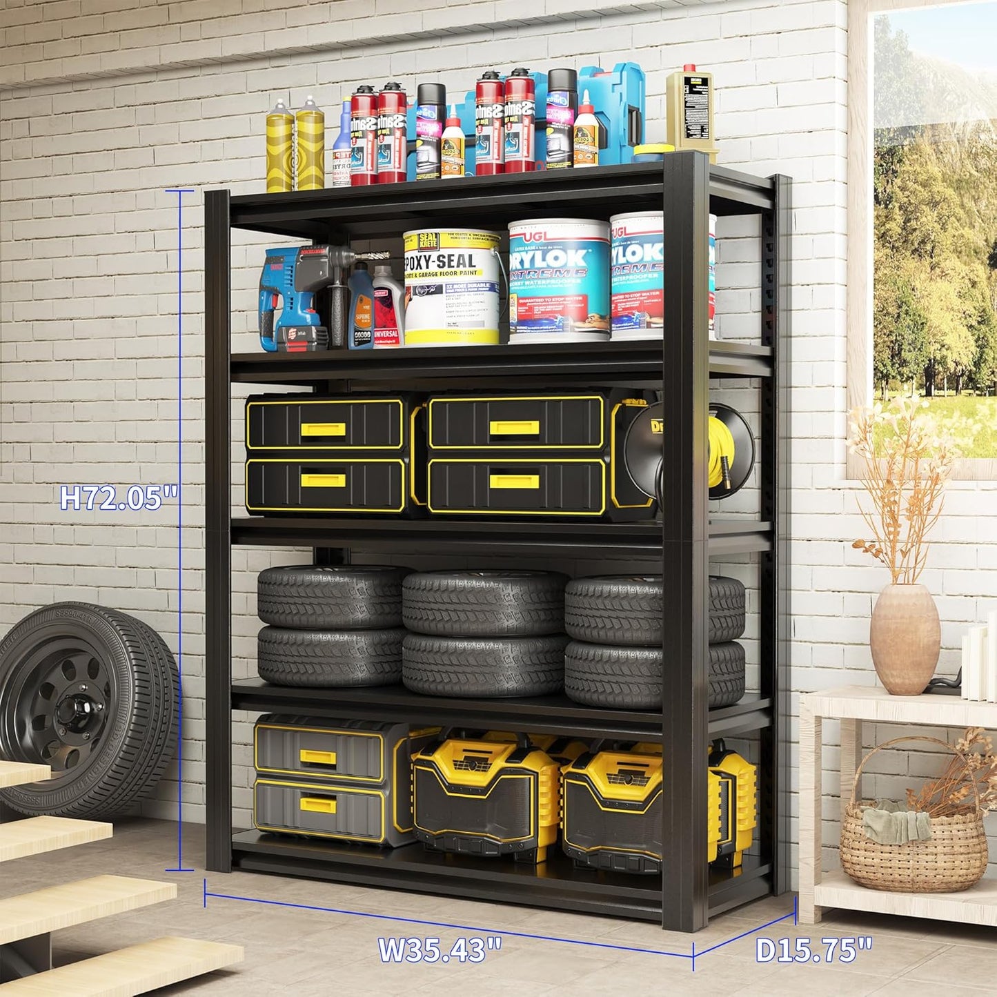 72" H Metal Storage Shelving, 2500LBS Heavy Duty Shelves Unit, Adjustable 5 Tier Storage Rack, Industrial Utility Shelf for Garage, Warehouse, Bedroom, Kitchen,16" D×36“W×72”H, Black