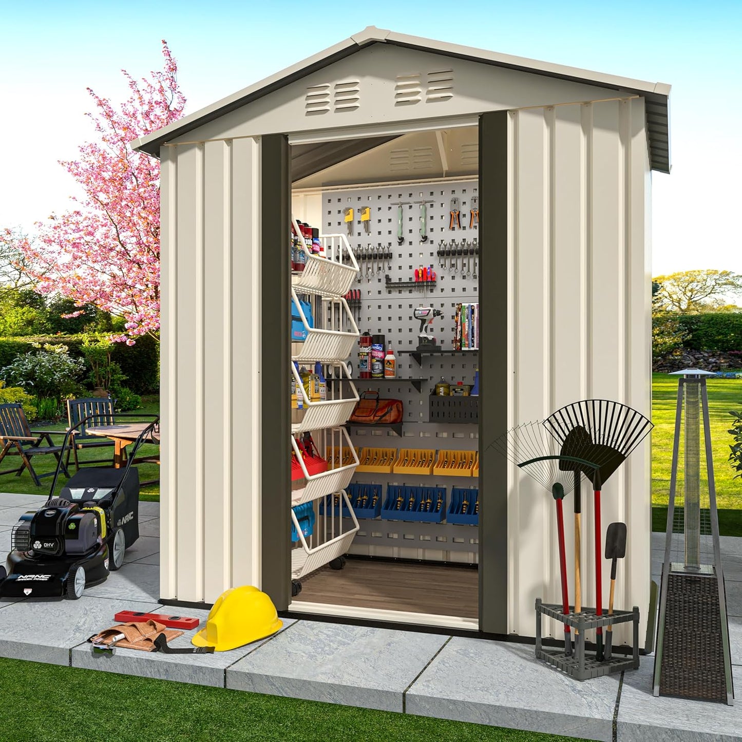 5x3 FT Outdoor Storage Shed, Metal Garden Shed with Lockable Sliding Doors, Small Outside Tool Shed with Sloped Roof & 4 Air Vents, Waterproof Storage Building for Backyard, Patio, Lawn, Cream White