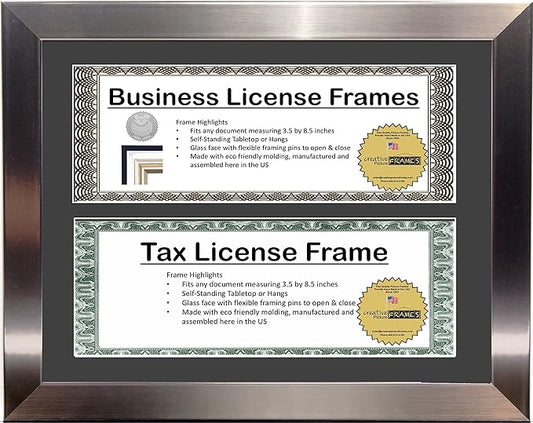 Creative Picture Frames Dl8.5X11Ss-B Stainless Steel Finish Double Business License Frame with Two 3X8.5-Inch Opening Mat Including Easel Stand and Wall Hangers