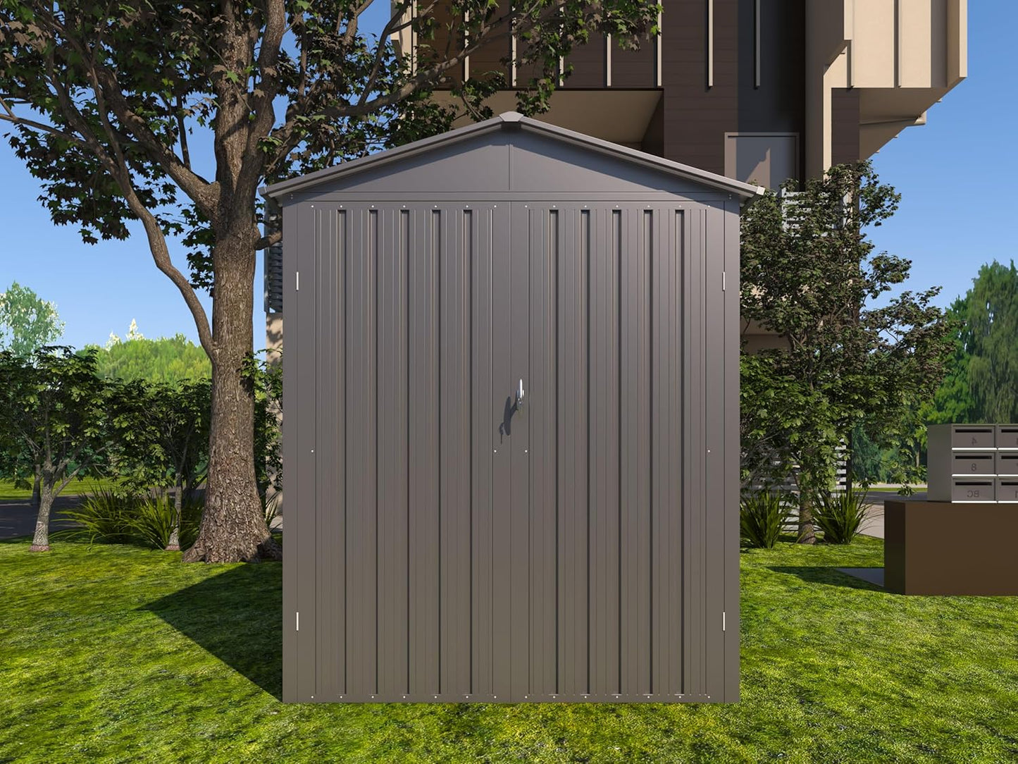 Motorcycle Steel Storage Shed with Window,Outdoor Weather-Resistant Storage Box for Bikes, Tools, Sports Equipment,Easy Assembly, No Tracks or Fixtures Needed, 121" W Gray