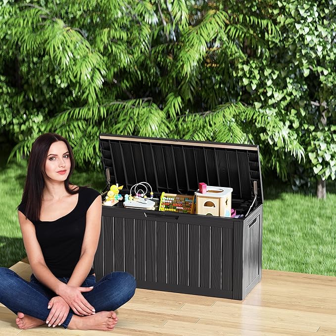 80 Gallon Outdoor Storage Box Waterproof Lockable Resin Deck Box Large, Patio Storage Bin for Pool Accessories Cushion Furniture, Garden Tools, UV-Resistant Outside Delivery Black