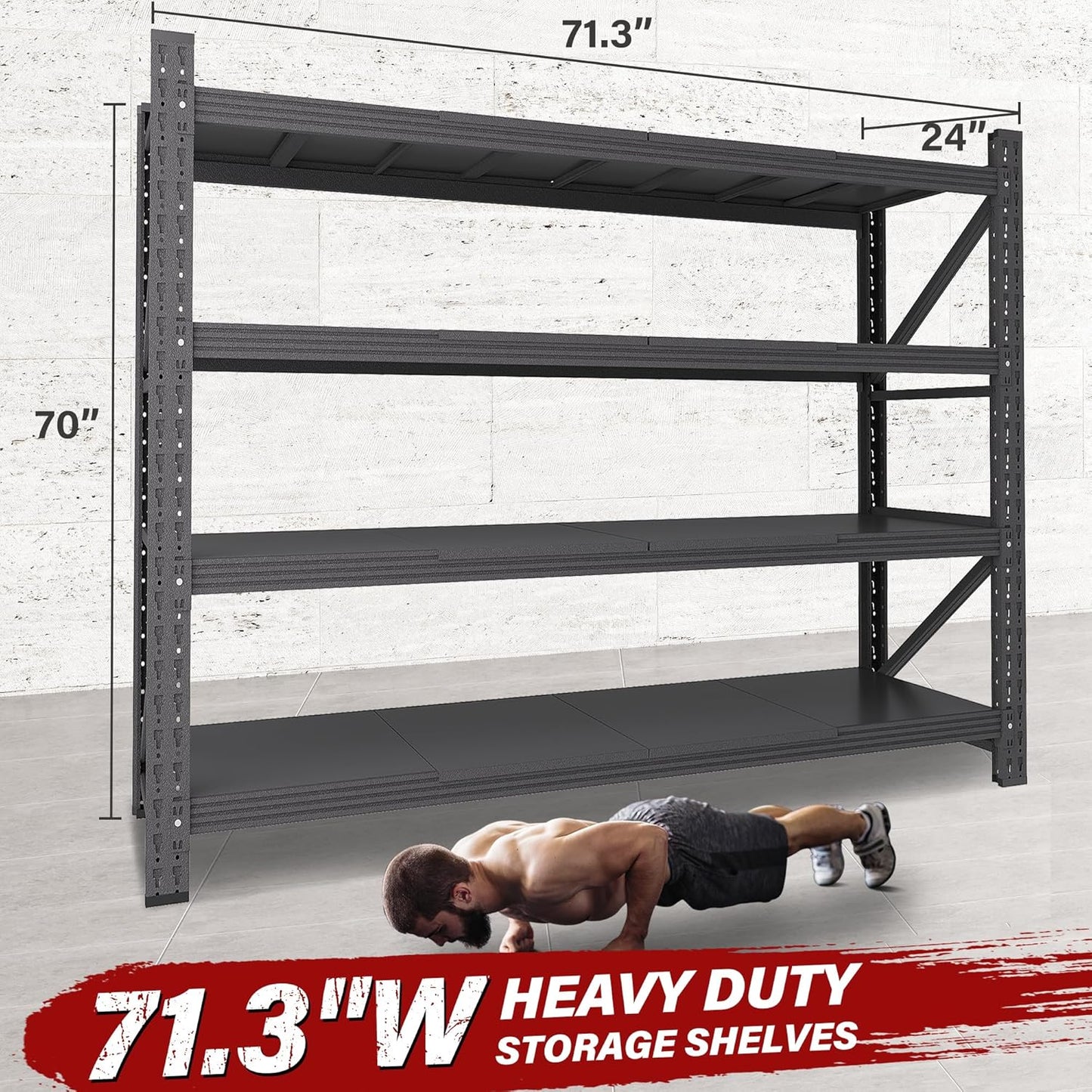 71.3" Wide Heavy Duty Garage Shelving Units,5000LBS Deep Storage Shelves,Black Metal Garage Shelves,Steel Shelf,Large Storage Rack,Industrial Shelving for Shop,Warehouse,Basement,71.3"W x 24"D x 70"H
